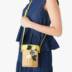 Kate Spade NYC Buzz Honey Pot Medium Rattan Crossbody Leather Trim NWT